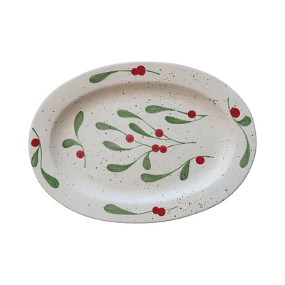 Hello Honey® 18" Hand-Painted Speckled Stoneware Platter with Holly Leaves & Berries