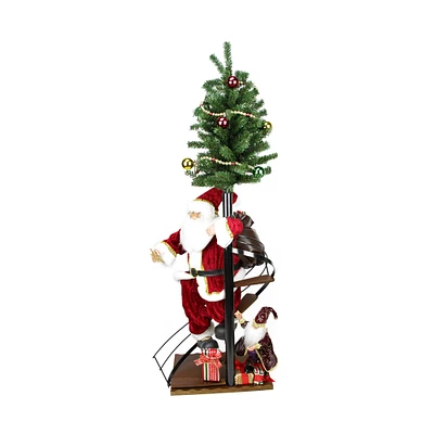 4ft. Santa Claus on Spiral Staircase with Tree & Elf on Wooden Base