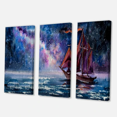 Designart - Wooden Sailboat With Red Sails & Bright Night Sky