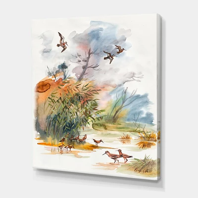 Designart - Autumn Landscape With Flying Over The Water - Traditional Canvas Wall Art Print