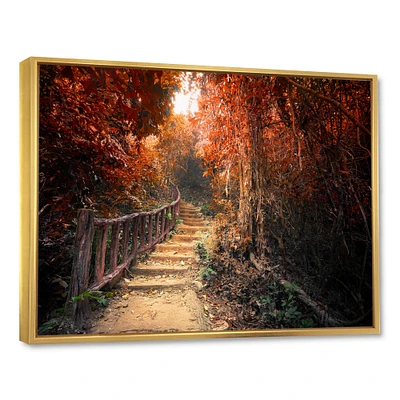 Designart - Stairway Through Red Fall Forest - Landscape Photography Framed Canvas Print