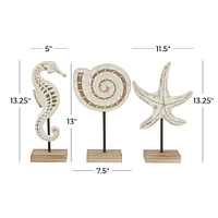 Set of 3 White Plastic Coastal Sea Animals Sculpture, 13.25", 13.25", 13"