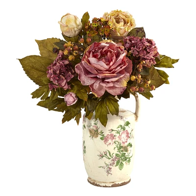 18'' Pink & Yellow Peony Arrangement in Floral Pitcher