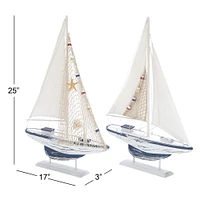 White Wood Coastal Sail Boat Sculpture Set