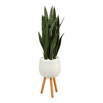 46" Sansevieria Plant in White Planter with Stand