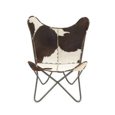 White Cow Hide Leather and Iron Rustic Accent Chair, 36" x 29" x 30"