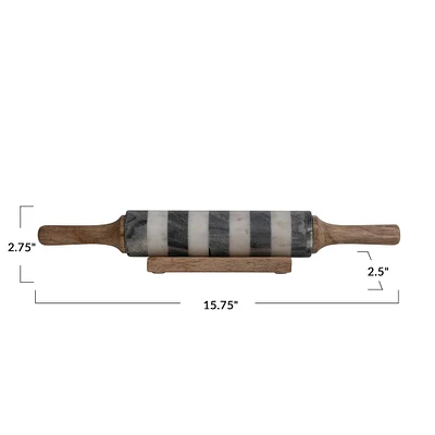 16" Striped Marble Rolling Pin with Wood Stand