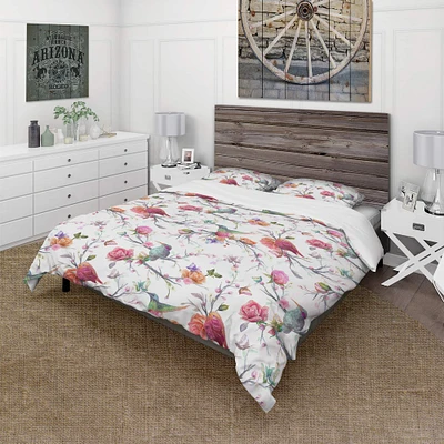 Designart 'Vintage Pattern: Bird, Flowers, Leaves' Farmhouse Bedding Set - Duvet Cover & Shams