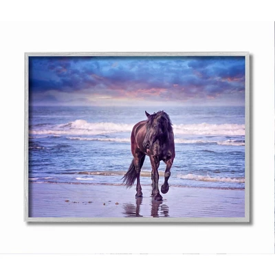 Stupell Industries Wild Horse on Beach Colorful Blue Sunset in Gray Frame Wall Art