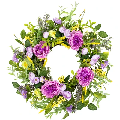 24" Purple Peony Mixed Floral Springtime Wreath