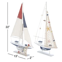 Set of 2 White Wood Coastal Sail Boat Sculpture, 22" x 13"