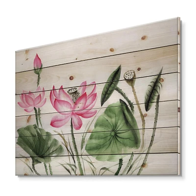 Designart - Vintage Pink Lotuses In The Pond II - Traditional Print on Natural Pine Wood