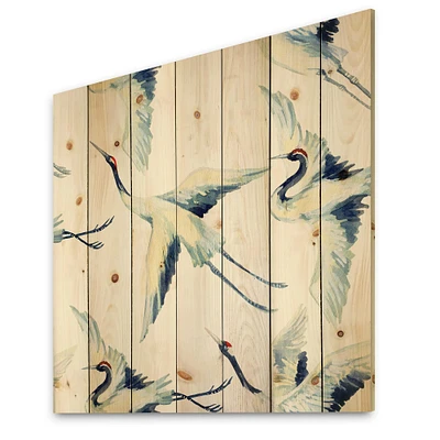 Designart - Asian Crane Bird - Traditional Print on Natural Pine Wood