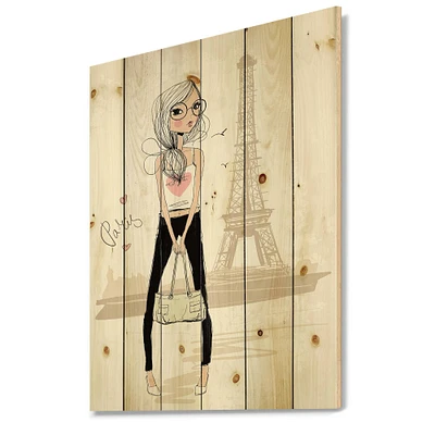 Designart - Cute Girl By The Tour Eiffel In Paris - Children's Art Print on Natural Pine Wood