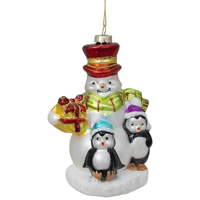 Snowman with Penguins Christmas Glass Ornament 