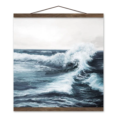 Crashing Waves Teak Hanging Canvas Wall Art