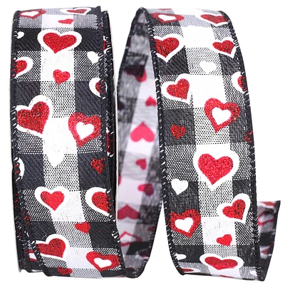 Reliant Glitter Wired Hearts Checkered Ribbon