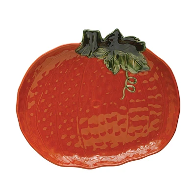 14" Orange Stoneware Pumpkin Shaped Platter