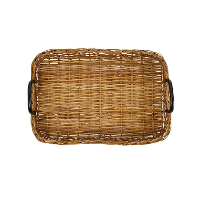 25" Natural and Black Decorative Woven Rattan Tray with Metal Handles