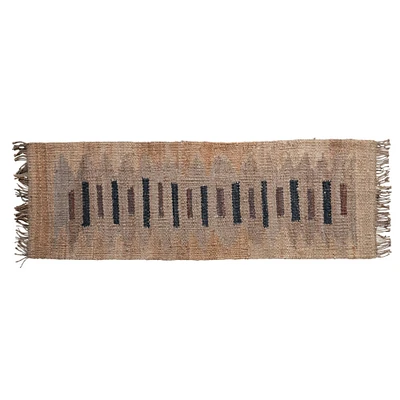 Multicolor Jute and Leather Floor Runner Rug with Pattern and Fringe, 8ft. x 2.5ft.