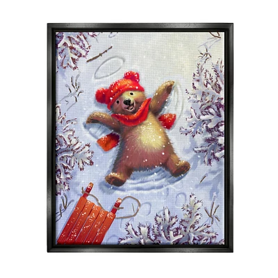 Stupell Industries Bear Cub Snow Angel Sled Framed Floater Canvas Wall Art