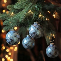 4ct. 2.75" Blue & Silver Plaid Glitter Glass Christmas Ornament Ball Set