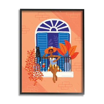Stupell Industries Woman Reading Balcony Perched Cat Tropical Plants in Frame Wall Art