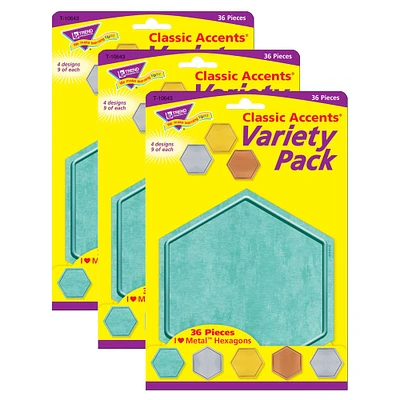Trend Enterprises® I Heart Metal Hexagons Classic Accents® Variety Pack, 3 Packs of 36