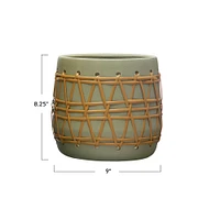 9" Green Stoneware Planter with Woven Design