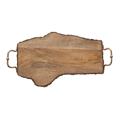 24" Natural Mango Wood Slab Serving Tray with Copper Handles