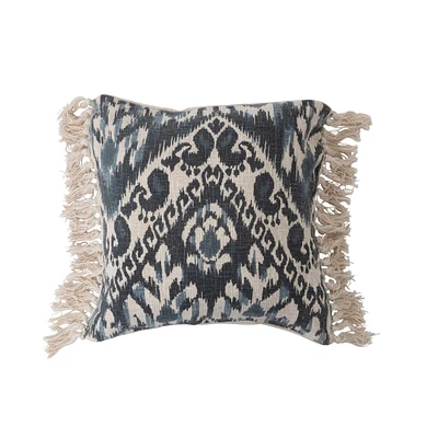 Blue Stonewashed Ikat Pattern Woven Cotton Blend Pillow with Fringe