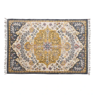 Multicolor Woven Cotton Distressed Print Rug with Fringe, 4ft. x 6ft.