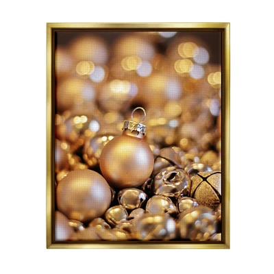 Stupell Industries Gleaming Christmas Ornaments Bells Framed Floater Canvas Wall Art