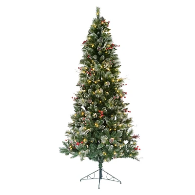 7ft. Pre-Lit Snow Tipped Pine & Berry Artificial Christmas Tree, White LED Lights