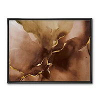 Designart - Hand Drawn Watercolor Brown Background With Gold - Modern Canvas Wall Art Print in Black Frame