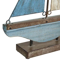 Set of 2 Blue Metal Coastal Sail Boat Sculpture, 17", 16"