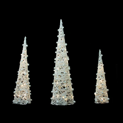 LED Lighted White and Silver Cone Tree Christmas Decoration Set