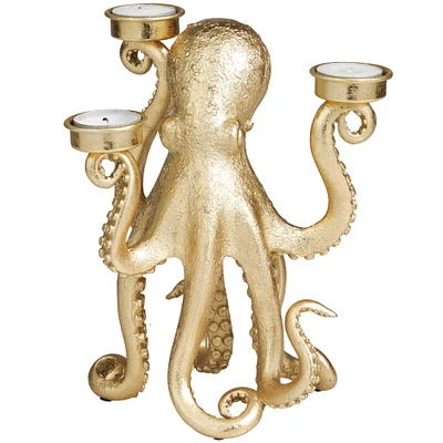 9" Gold Polystone Textured Octopus Candelabra with Tentacle Candle Slots