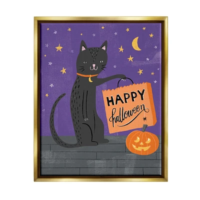 Stupell Industries Happy Halloween Black Cat Framed Floater Canvas Wall Art