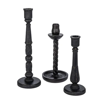 Round Black Wood Taper Candle Holder Set