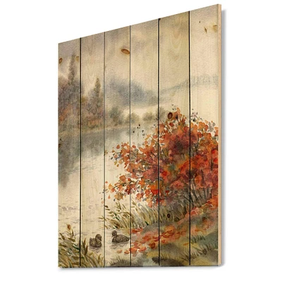 Designart - View Of The Lake In Autumn - Traditional Print on Natural Pine Wood