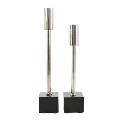 Silver Aluminum Slim Candle Holder with Black Block Base Set