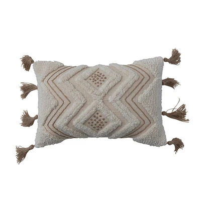 Bloomingville Natural Boho Cotton Slub Lumbar Pillow with Embroidery & Tufting