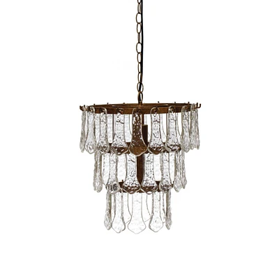 13.5" Antique Finish Tiered Metal Chandelier with Organically Shaped Hanging Glass