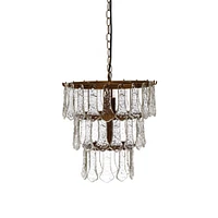 13.5" Antique Finish Tiered Metal Chandelier with Organically Shaped Hanging Glass