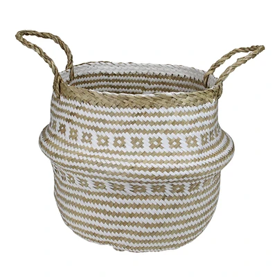 15" Beige & White Large Seagrass Belly Basket with Handles