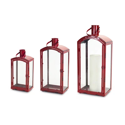 Red Metal & Glass Lantern Set, 15'', 19'' & 25''