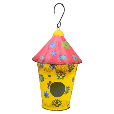 7.75" Red & Yellow Metal Birdhouse With Flowers