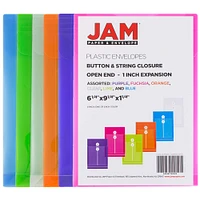 JAM Paper 6.25" x 9.25" Assorted Button & String Tie Closure Plastic Envelopes, 6ct.