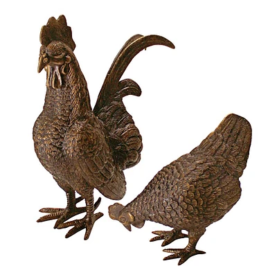 Design Toscano Barnyard Rooster & Hen Solid Cast Bronze Garden Statue Set